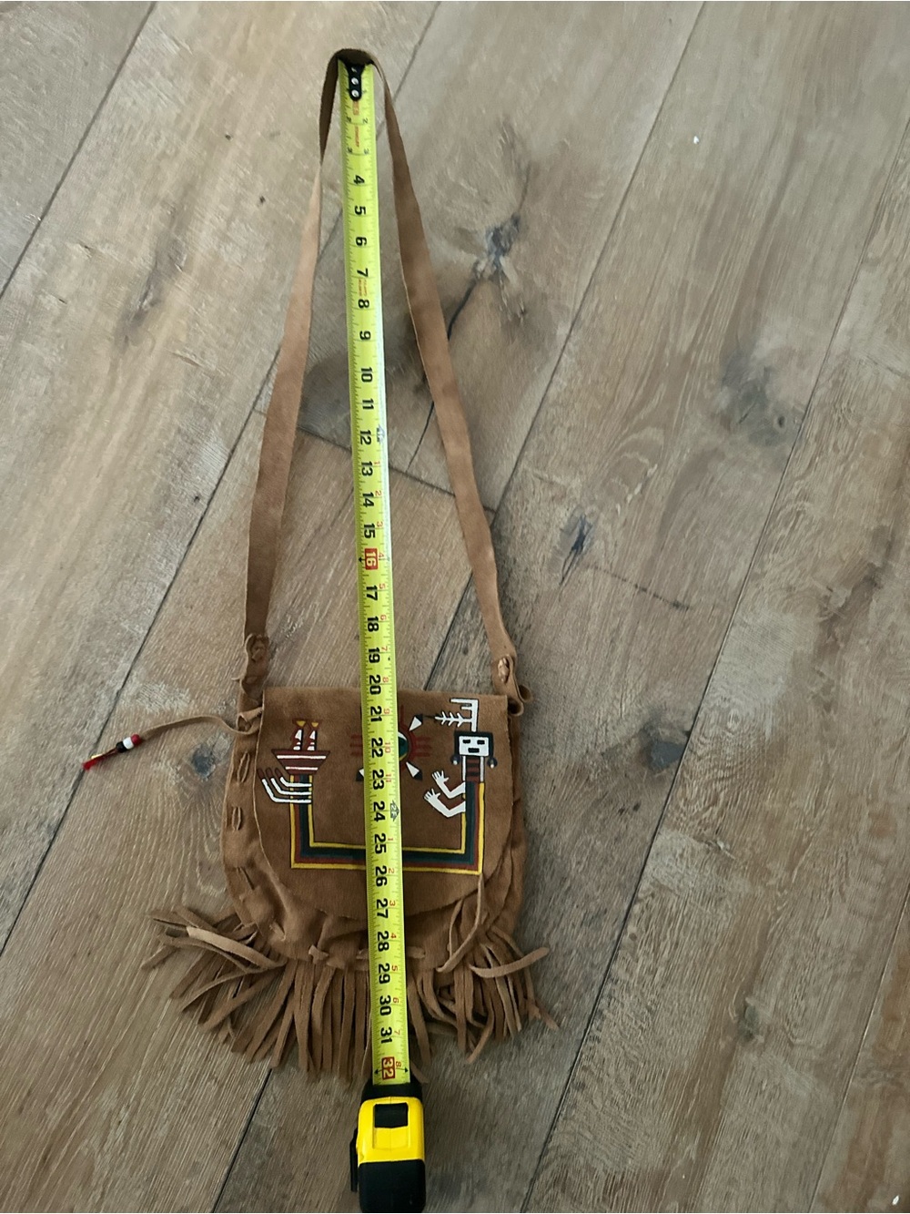Handmade Native American Tribal Tan Suede Crossbody with Fringe - Picture 7 of 9